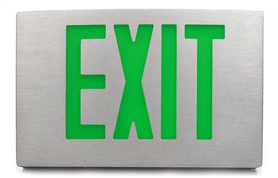 Exit Sign, Die Cast Aluminum - LED - UL Listed - Battery Backup - GREEN Letters